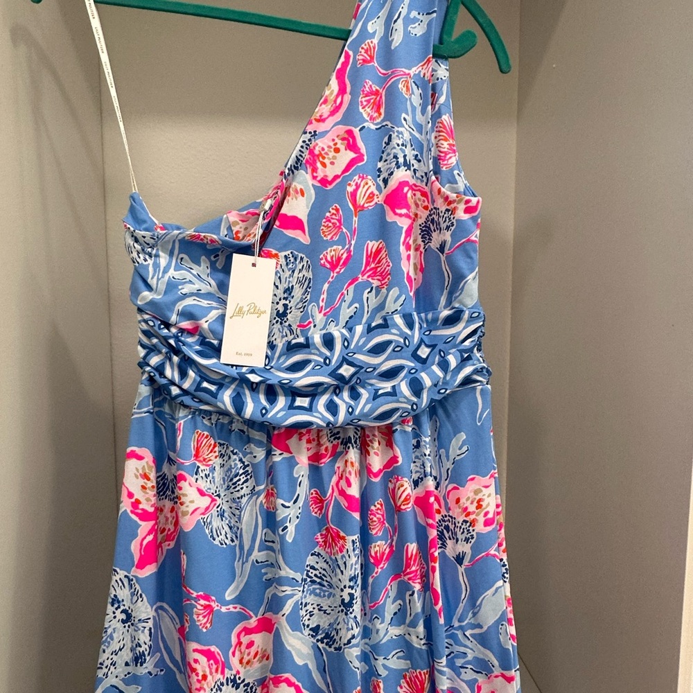 Lilly Pulitzer One-Shoulder Floral Sheath Dress in Turquoise and Pink - Picture 6 of 7